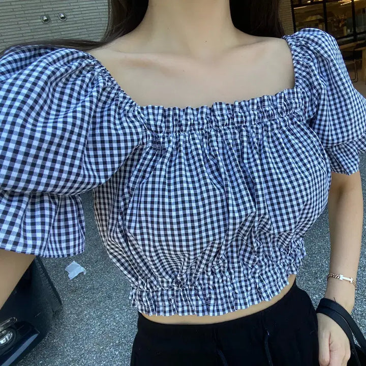 [BUNJANG] Puff Sleeve Cropped Blouse (Black, Pink) / 퍼프 크롭블라우스(블랙,핑크)