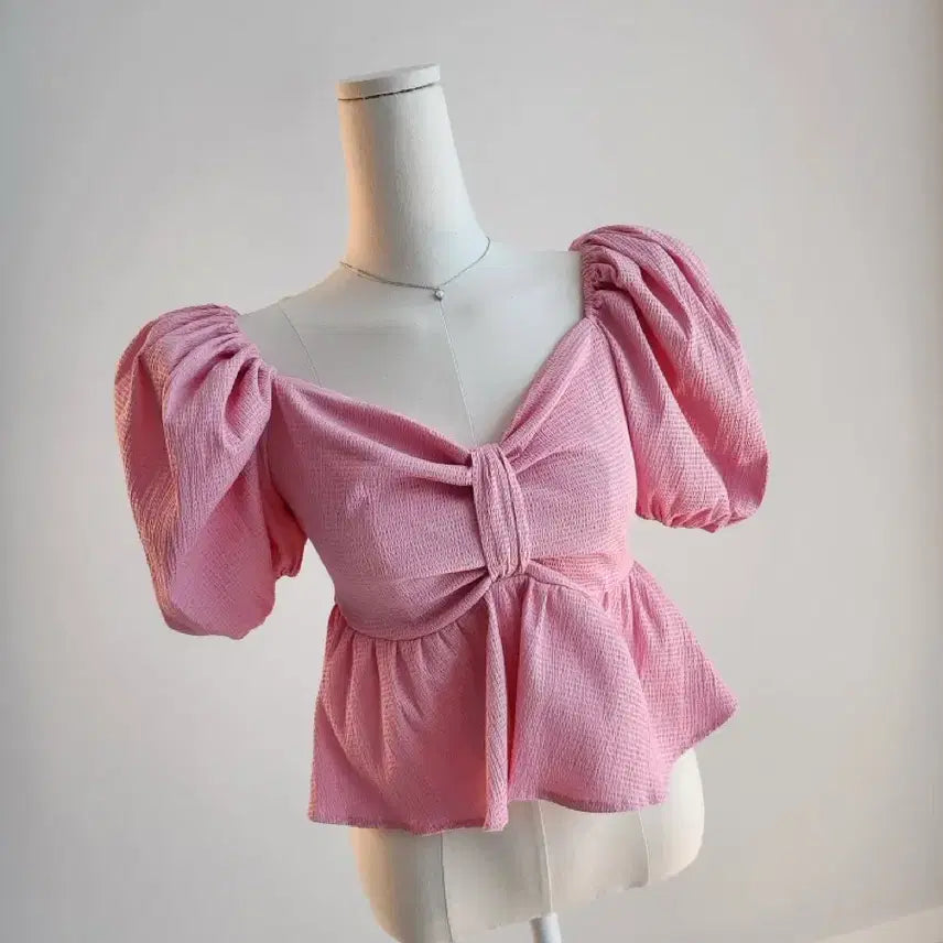 [BUNJANG] Pink Ribbon Puff Blouse / [새상품]핑크 리본 퍼프블라우스 퍼프