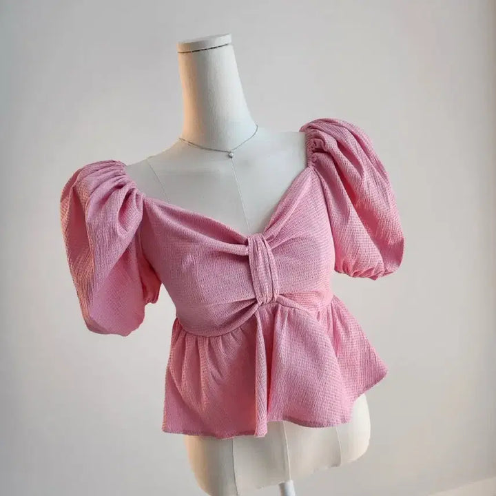 [BUNJANG] Pink Ribbon Puff Blouse / [새상품]핑크 리본 퍼프블라우스 퍼프