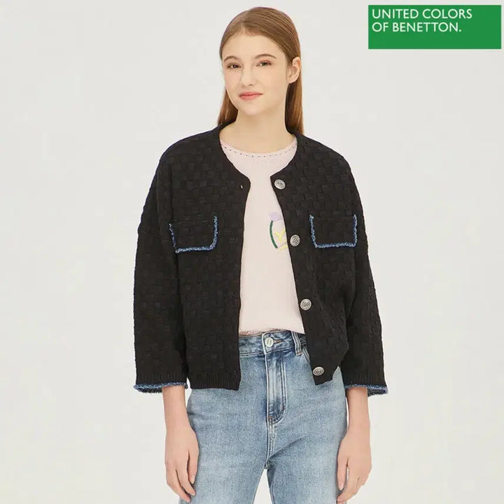 [BUNJANG] Benetton Denim Fringe Tweed Cardigan / 베네통 23fw 데님 프린지 트위드 가디건 free
