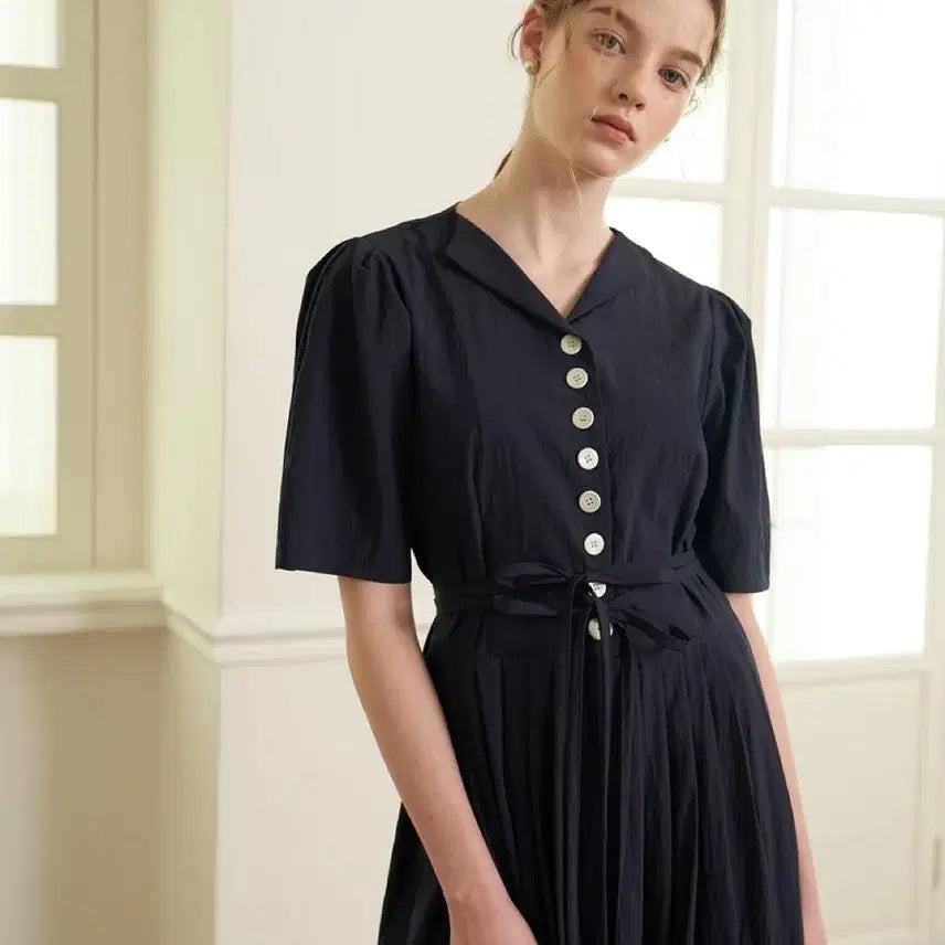 [BUNJANG] Flove Fleur Dress Long Navy Dress / 플로브 22년 플뢰르 드레스 롱 원피스 반팔 퍼프 벌룬 네이비 리본하객룩