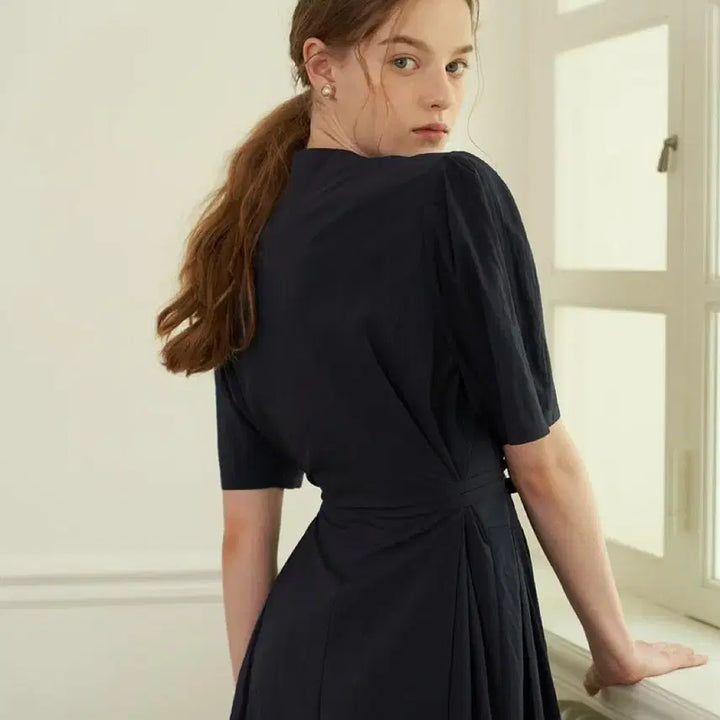 [BUNJANG] Flove Fleur Dress Long Navy Dress / 플로브 22년 플뢰르 드레스 롱 원피스 반팔 퍼프 벌룬 네이비 리본하객룩