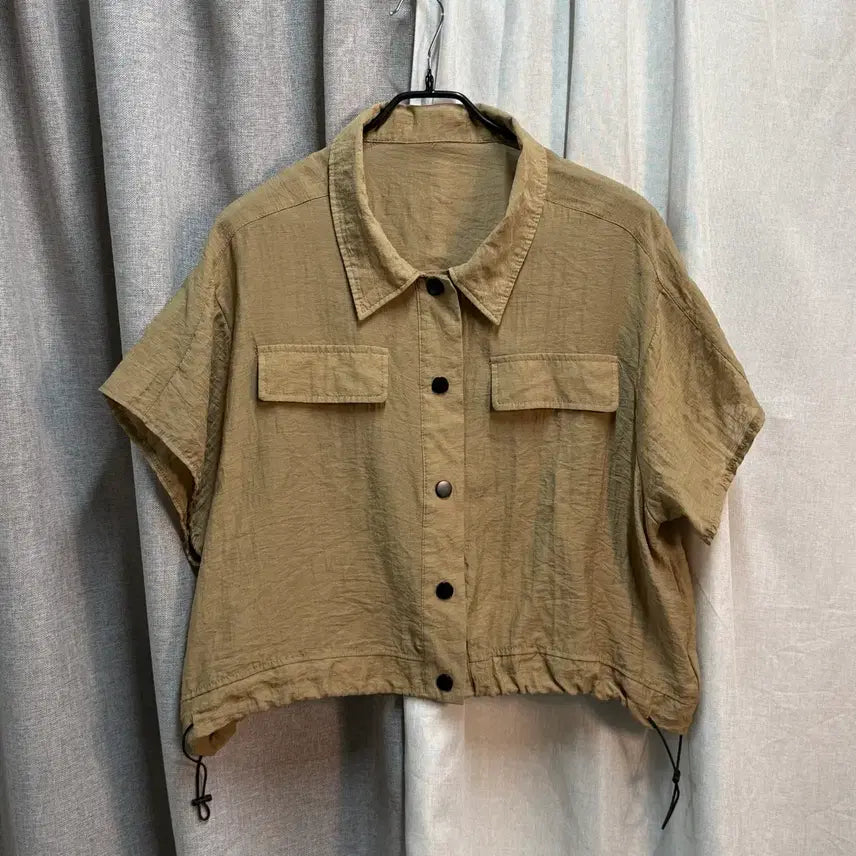 [BUNJANG] String Crop Short Sleeve Shirt Blouse - Khaki / [F] soup 카키 크롭 숏 반팔 스트링 셔츠 블라우스