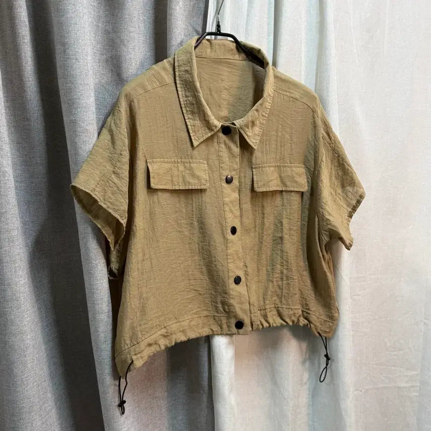 [BUNJANG] String Crop Short Sleeve Shirt Blouse - Khaki / [F] soup 카키 크롭 숏 반팔 스트링 셔츠 블라우스