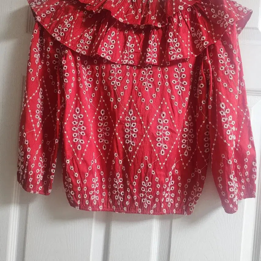 [BUNJANG] ZARA Red Embroidered Frill Blouse / 자라 레드 자수 프릴 블라우스