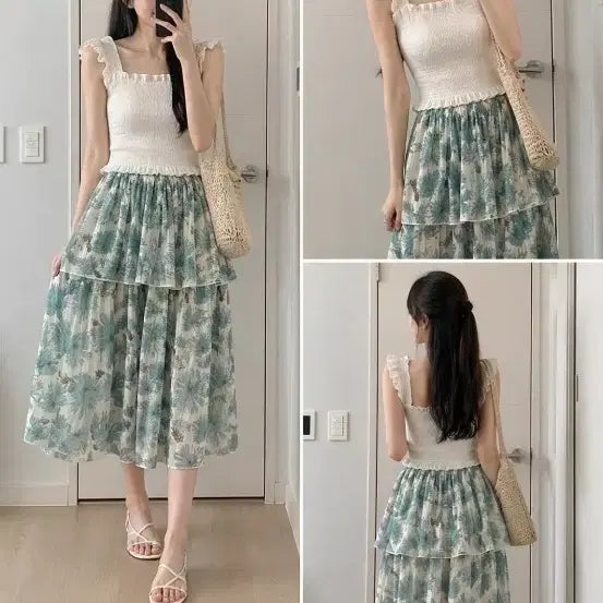 [BUNJANG] Floral Tiered Long Skirt / 여름 캉캉 플라워 롱 스커트
