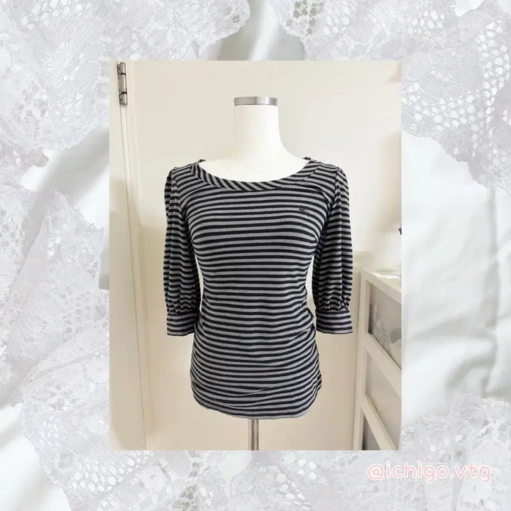 [BUNJANG] Burberry Blue Label Vintage Stripe 3/4 Sleeve Top T-Shirt / 버버리블루라벨 빈티지 스트라이프챠콜7부 탑 티셔츠