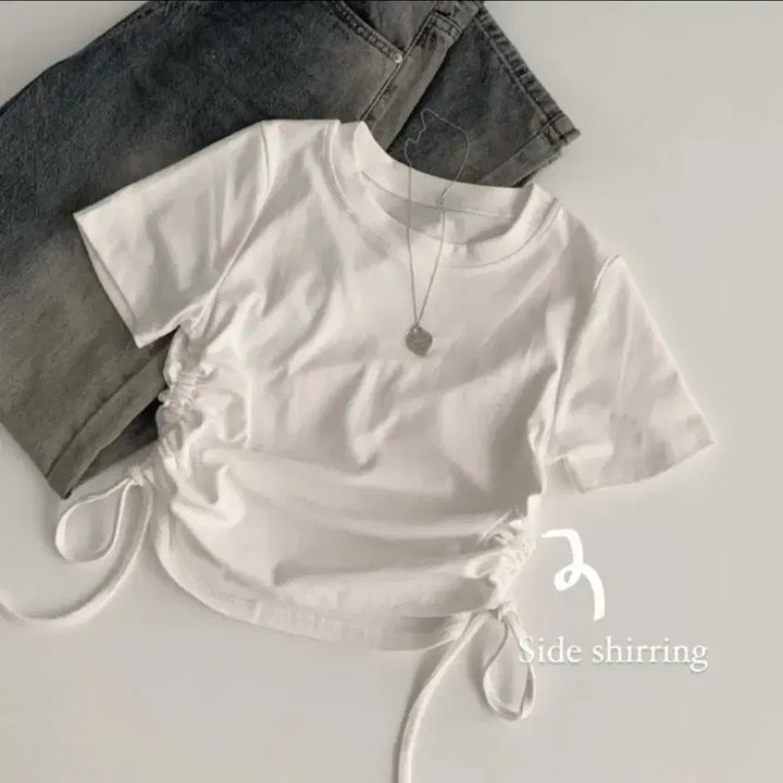 [BUNJANG] Ablie Side Shirring Cropped Short Sleeve T-Shirt / 에이블리 옆셔링 크롭 반팔 티셔츠