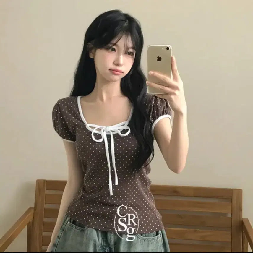 [BUNJANG] Raspberry Dot Shirring Puff Short Sleeve Top / 에이블리 라즈베리 도트 셔링퍼프 땡땡이 반팔