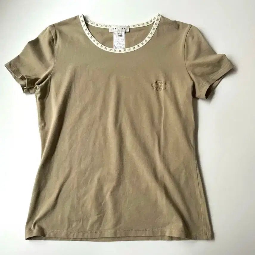[BUNJANG] Celine Triomphe Logo Short Sleeve T-Shirt &amp; Hair Pin Set / 정품 셀린느 반팔 티셔츠 카키색 트리오페 로고+셀린느 정품 헤어핀 일괄