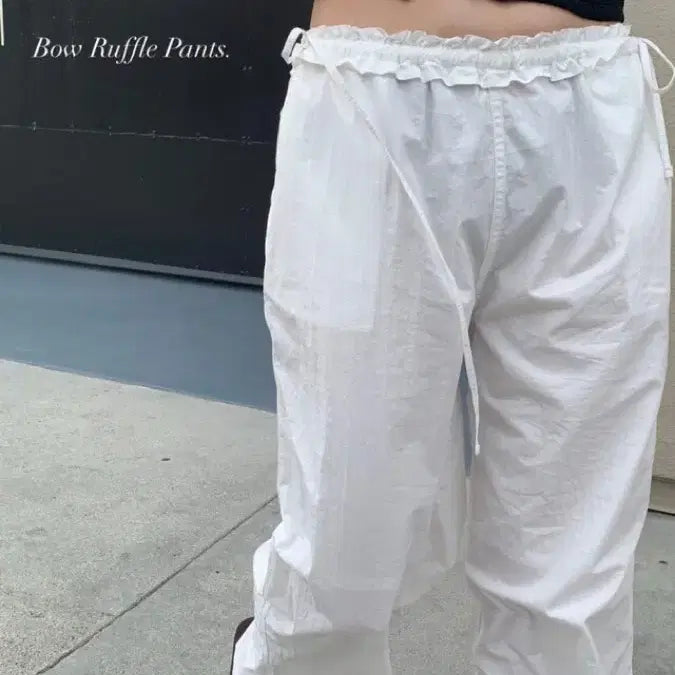 [BUNJANG] Vegetable Bow Summer Cotton Ruffle Wide Pants Ivory S / 베지터블 보우 썸머 코튼 러플 스트링 와이드 팬츠 아이보리 S