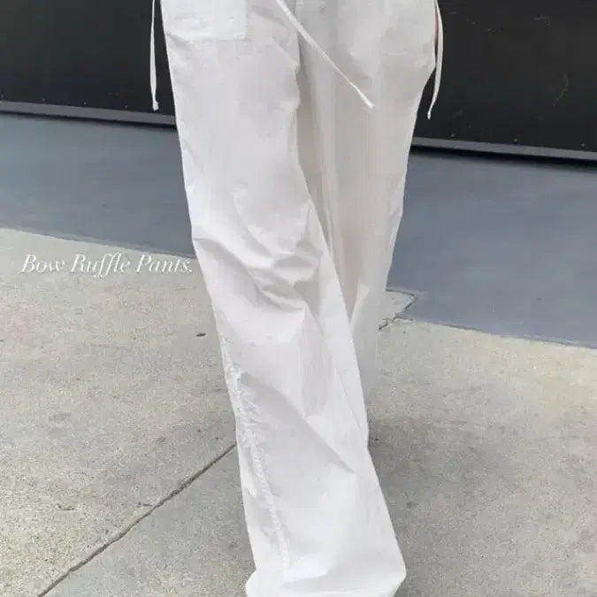 [BUNJANG] Vegetable Bow Summer Cotton Ruffle Wide Pants Ivory S / 베지터블 보우 썸머 코튼 러플 스트링 와이드 팬츠 아이보리 S
