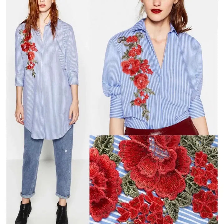 [BUNJANG] Zara Striped Floral Embroidery Shirt / 자라 스트라이프 꽃 자수 셔츠