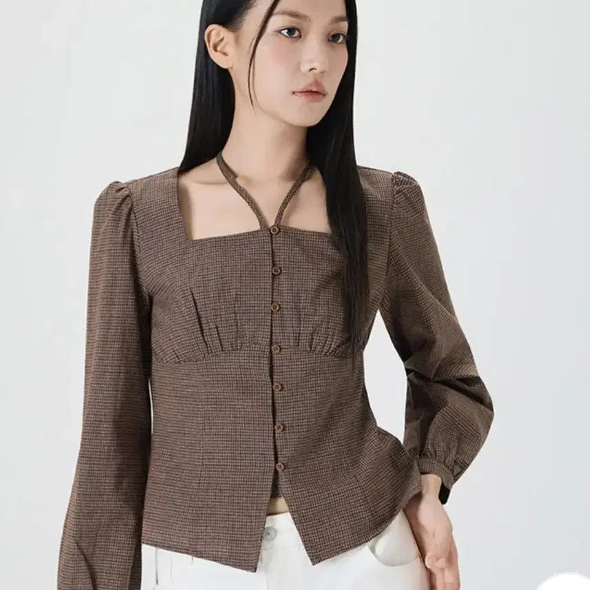 [BUNJANG] MIXXO Square Neck Check Blouse / 미쏘 체크 스퀘어넥 블라우스