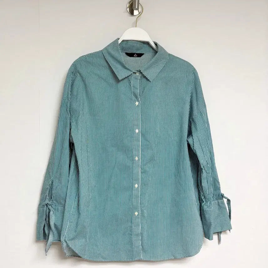 [BUNJANG] A&amp;D Green Stripe Ribbon Sleeve Blouse / A&amp;D 그린 스트라이프 리본 소매 셔츠 블라우스
