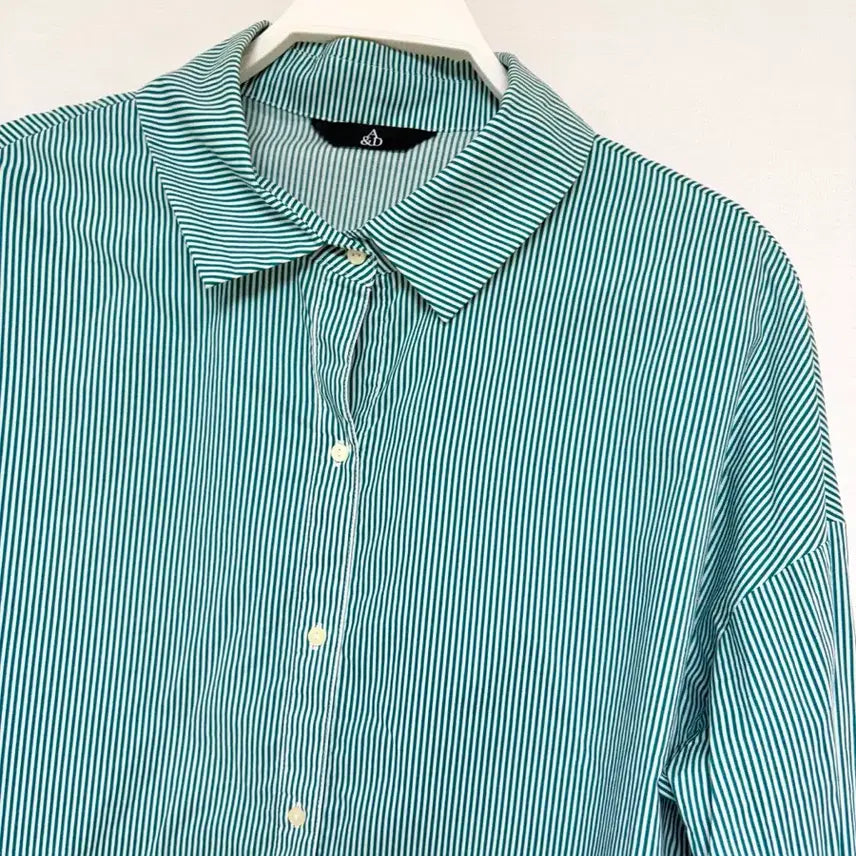 [BUNJANG] A&amp;D Green Stripe Ribbon Sleeve Blouse / A&amp;D 그린 스트라이프 리본 소매 셔츠 블라우스