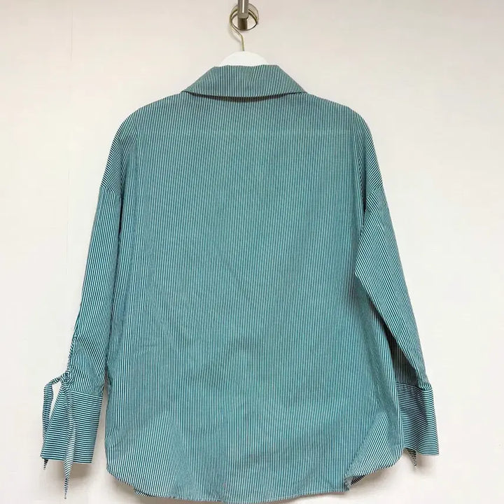 [BUNJANG] A&amp;D Green Stripe Ribbon Sleeve Blouse / A&amp;D 그린 스트라이프 리본 소매 셔츠 블라우스