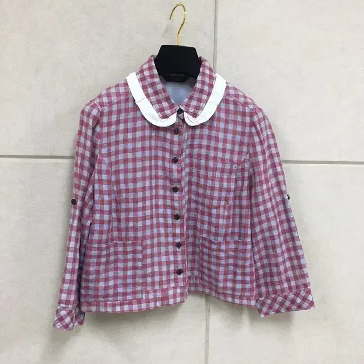 [BUNJANG] BCBG Linen Check Shirt Blouse with Lace Collar and Pockets / BCBG 레이스카라 린넨 체크 셔츠 블라우스 주머니있음 린넨자켓