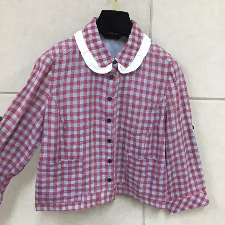 [BUNJANG] BCBG Linen Check Shirt Blouse with Lace Collar and Pockets / BCBG 레이스카라 린넨 체크 셔츠 블라우스 주머니있음 린넨자켓