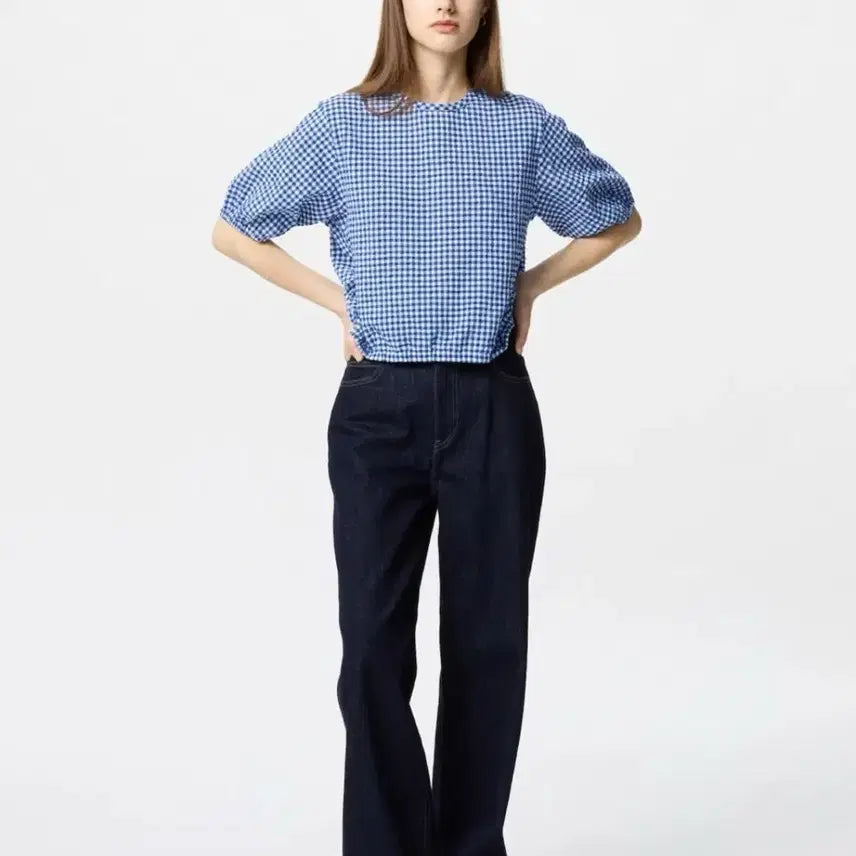 [BUNJANG] Uniqlo Gingham Check Short Sleeve Blouse / 유니클로 깅엄체크 반팔블라우스 새상품