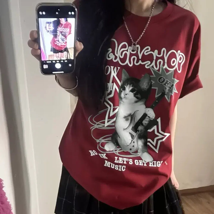 [BUNJANG] Y2k Cat Lettering Print T-shirt / Y2k 고양이 레터링 프린트 반팔 티셔츠