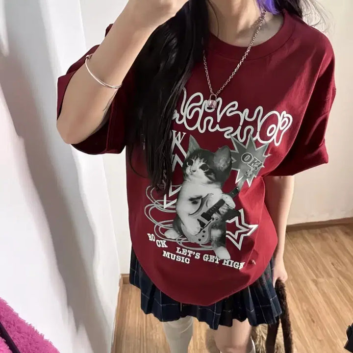 [BUNJANG] Y2k Cat Lettering Print T-shirt / Y2k 고양이 레터링 프린트 반팔 티셔츠