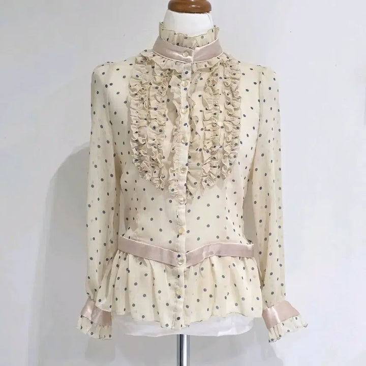 [BUNJANG] Vintage Lace Frill Lolita Blouse / 빈티지)프릴 도트 로리타풍 히메라떼갸루 레이스프릴 시스루 블라우스