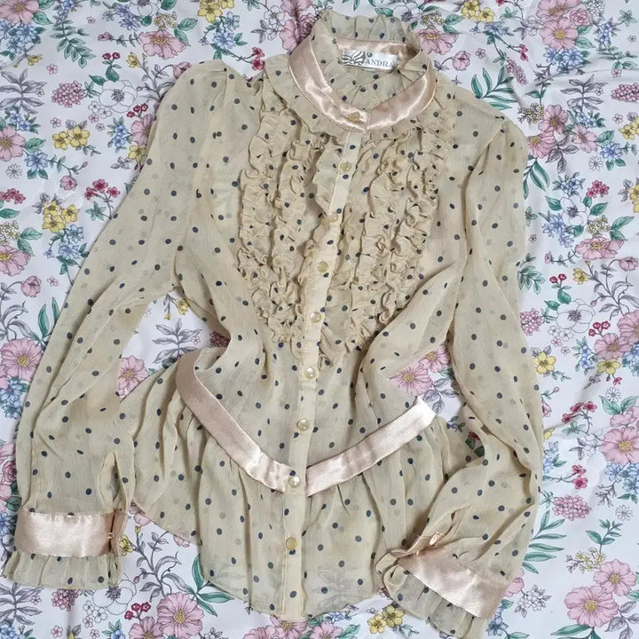 [BUNJANG] Vintage Lace Frill Lolita Blouse / 빈티지)프릴 도트 로리타풍 히메라떼갸루 레이스프릴 시스루 블라우스