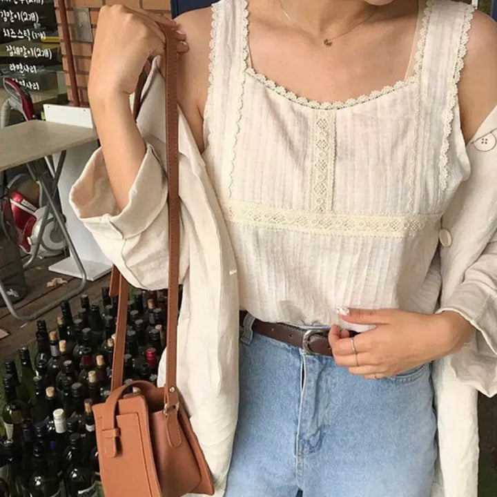 [BUNJANG] Lace Punching Sleeveless &amp; Half-Sleeve Top / 레이스 펀칭 민소매+반팔