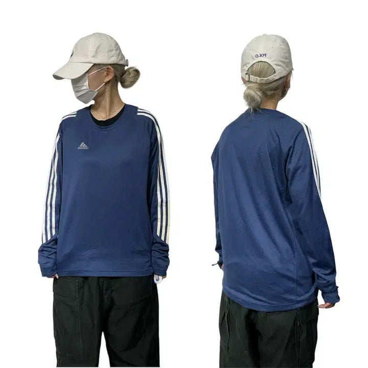 [BUNJANG] Adidas Sporty Blockcore Navy Long Sleeve T-shirt / 아디다스 네이비 스포티 블록코어 화이트 삼선 긴팔티 M