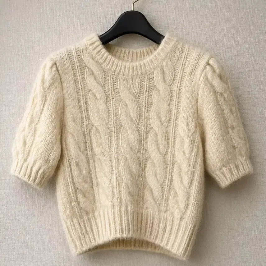 [BUNJANG] Ivory Cable Knit Puff Sleeve Top / 아이보리 꽈배기 반팔 니트