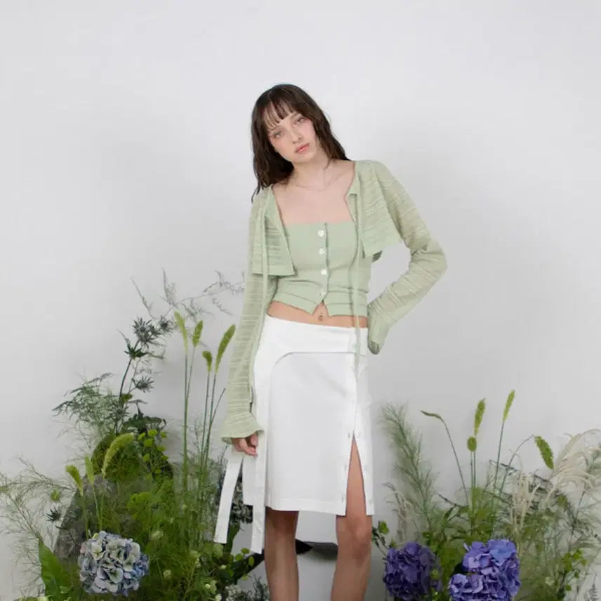 [BUNJANG] Mindy Green Sheer Cardigan + Top Set / 민더리 그린 시스루 가디건 + 튜브탑 세트 (미시용)