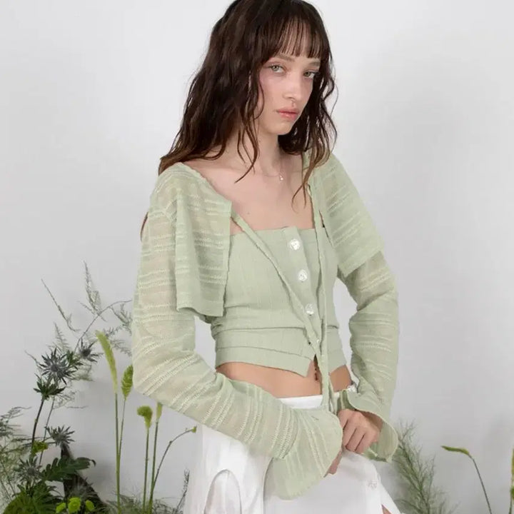 [BUNJANG] Mindy Green Sheer Cardigan + Top Set / 민더리 그린 시스루 가디건 + 튜브탑 세트 (미시용)