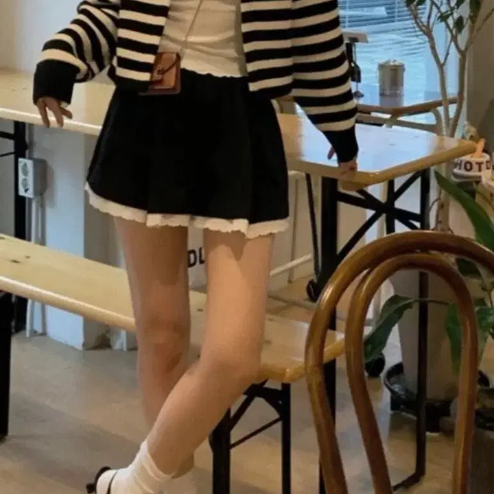 [BUNJANG] Bybeige Hook Closure Striped Round Knit Cardigan / 바이베이지 플랜 후크 고리 스트라이프 라운드 니트 가디건