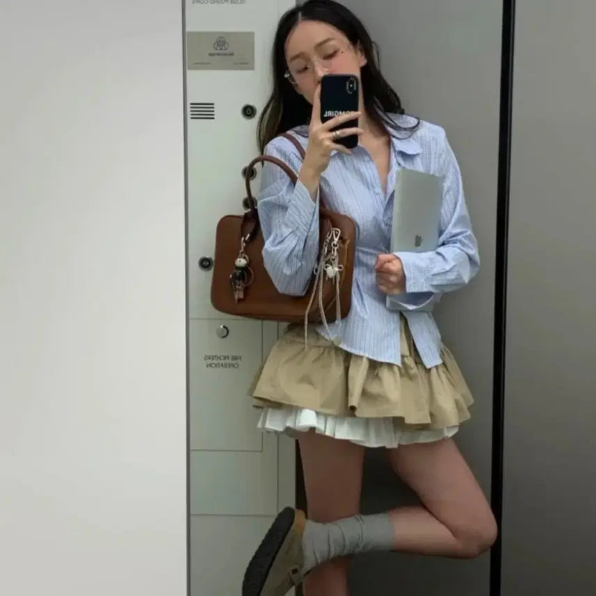 [BUNJANG] Tomgirl Slim Shirt &amp; Romperkang Skirt Set / 톰걸 슬림 남방 + 롬퍼캉 스커트 세트