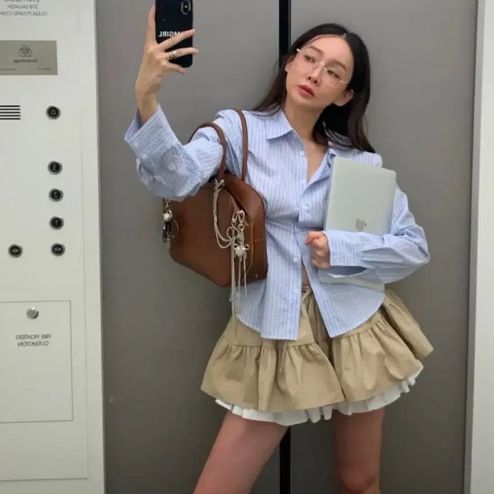[BUNJANG] Tomgirl Slim Shirt &amp; Romperkang Skirt Set / 톰걸 슬림 남방 + 롬퍼캉 스커트 세트
