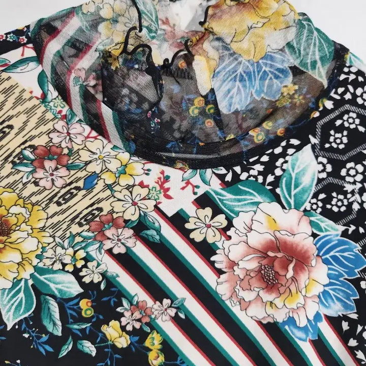 [BUNJANG] Vintage Floral Pattern See-through Sleeve Blouse / 빈티지 플라워 패턴 소매 시스루 블라우스55~66