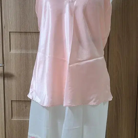 [BUNJANG] Pink Lace Satin Slip Dress Set / 핑크 레이스 새틴 슬립+ 핑크 레이스 자수 슬립 스커트