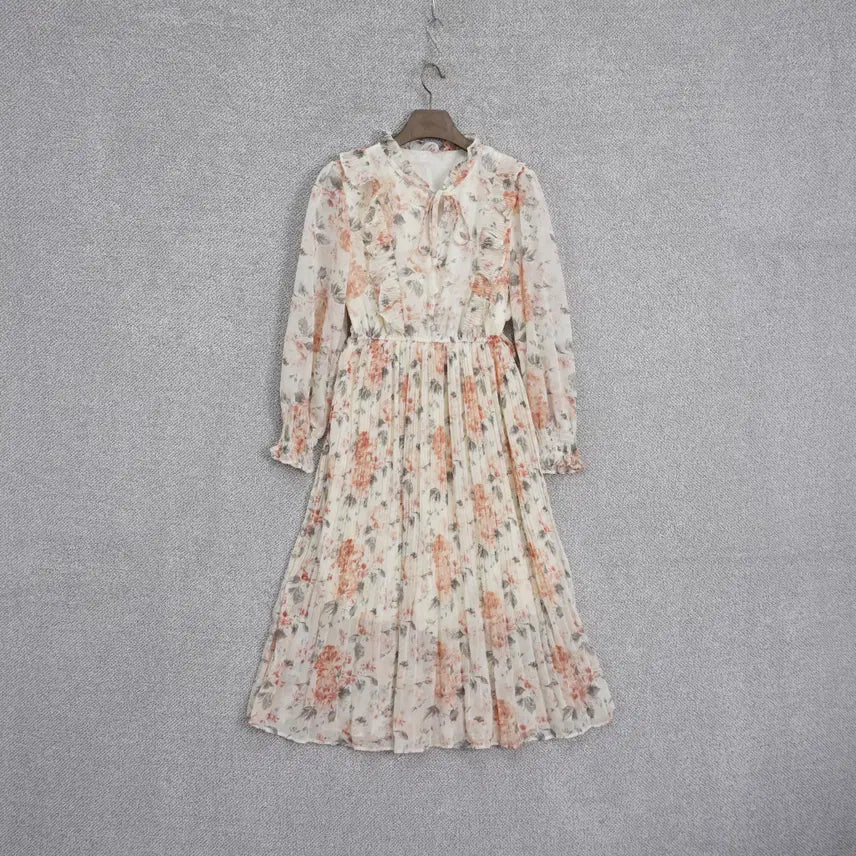 [BUNJANG] Floral Pleated Chiffon Dress / 여성 프릴넥 플라워 플리츠 쉬폰 원피스 free