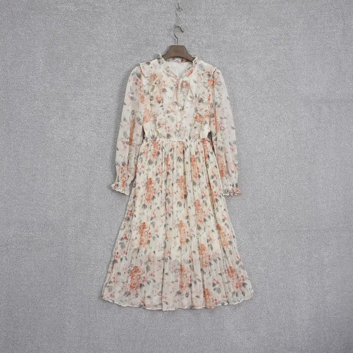 [BUNJANG] Floral Pleated Chiffon Dress / 여성 프릴넥 플라워 플리츠 쉬폰 원피스 free