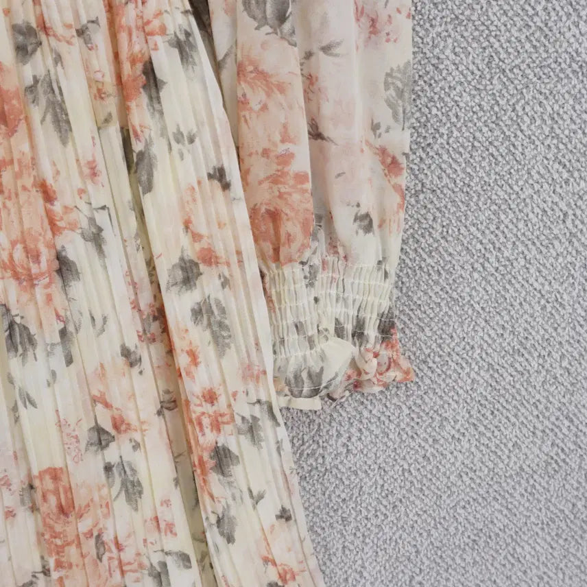 [BUNJANG] Floral Pleated Chiffon Dress / 여성 프릴넥 플라워 플리츠 쉬폰 원피스 free