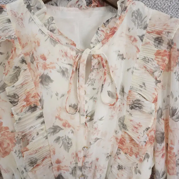 [BUNJANG] Floral Pleated Chiffon Dress / 여성 프릴넥 플라워 플리츠 쉬폰 원피스 free