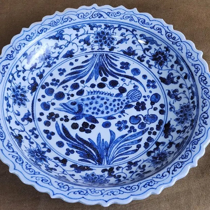 [BUNJANG] Chinese Porcelain White and Blue Plate / 중국도자기 청화백자 쏘가리문양 육필그림 접시
