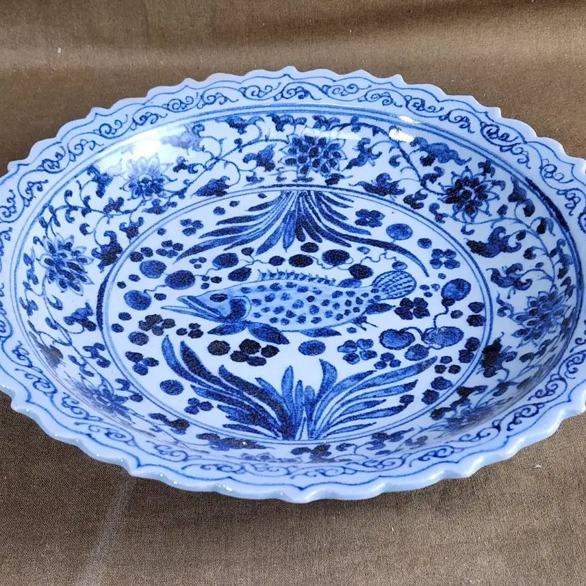 [BUNJANG] Chinese Porcelain White and Blue Plate / 중국도자기 청화백자 쏘가리문양 육필그림 접시