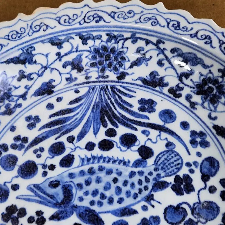[BUNJANG] Chinese Porcelain White and Blue Plate / 중국도자기 청화백자 쏘가리문양 육필그림 접시