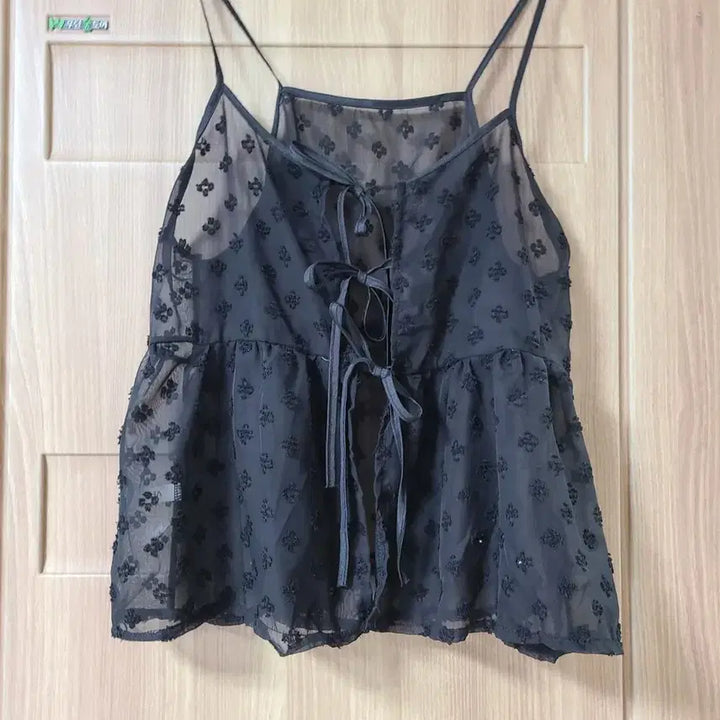 [BUNJANG] Black See-Through Floral Camisole Slip Layered Top / 블랙 시스루 플라워 나시 슬립 레이어드