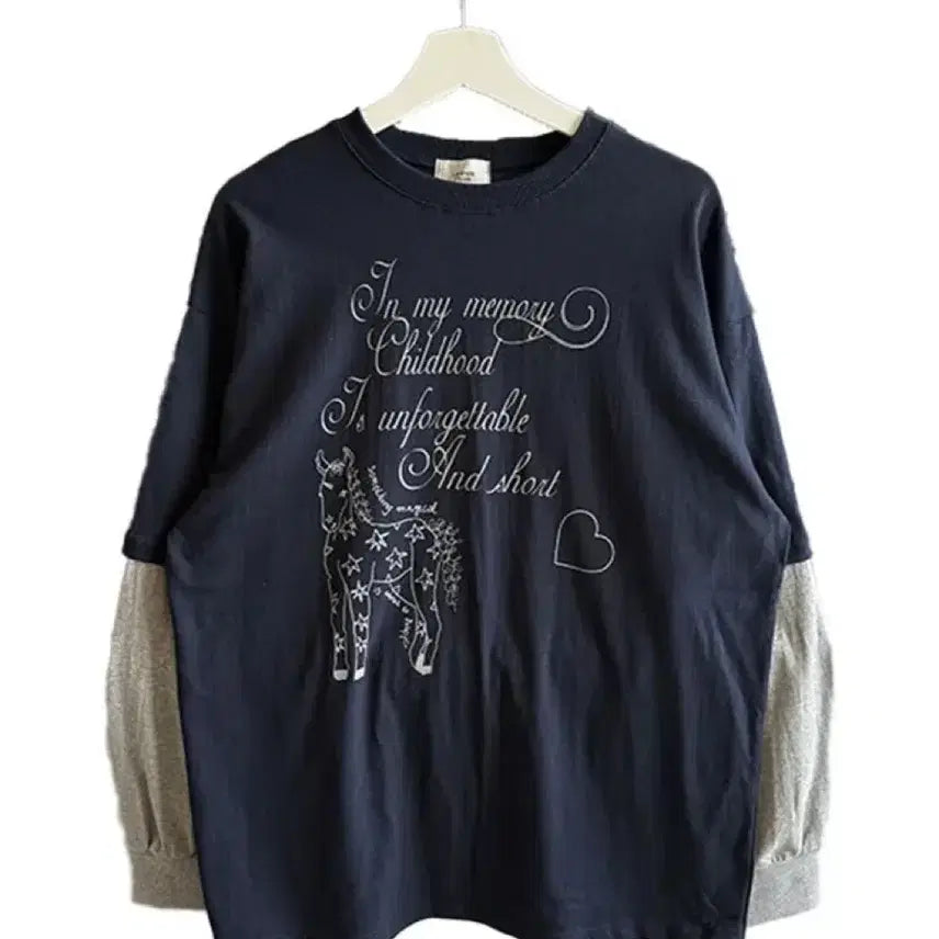 [BUNJANG] Navy Lettering Layered Long Sleeve T-shirt / 새상품) 네이비 레터링 배색 레이어드반팔 긴팔티
