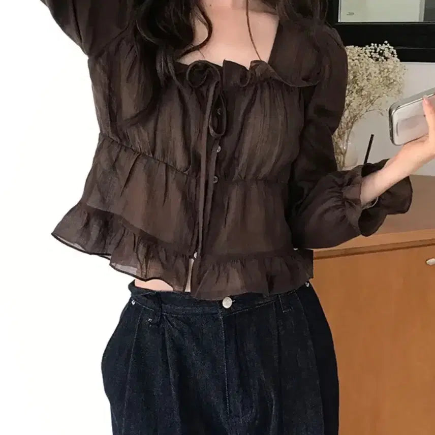 [BUNJANG] Tencel Frill Puff Blouse / 텐셀 프릴 퍼프 블라우스