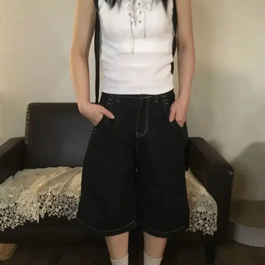 [BUNJANG] Blue Hearts Raw Denim Stitch Bermuda Pants / 블루하츠 생지 스티치 버뮤다 팬츠