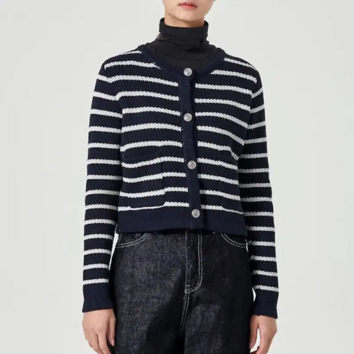 [BUNJANG] 80% Off 8seconds Navy Silver Button Stripe Knit Cardigan Jacket / 80%할인 에잇세컨즈)네이비 은장 버튼 스트라이프 니트 가디건 자켓